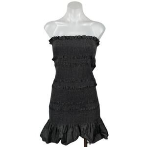 Know One Cares Black Strapless Tube Bandeau Smocked Ruffle Mini Bodycon Dress S